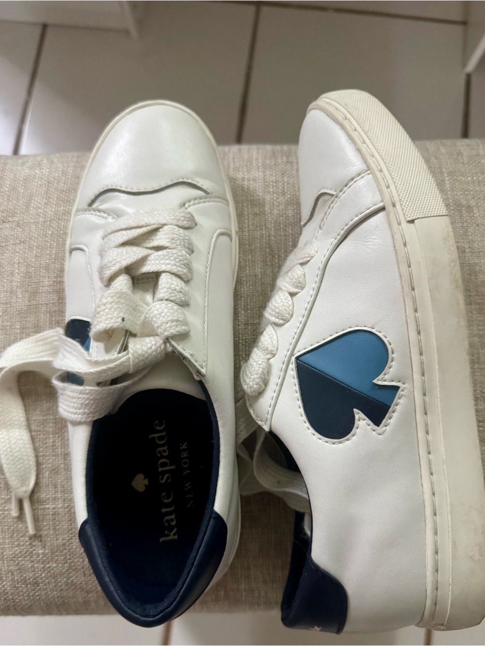 kate spade White Leather Sneakers with Blue Spade Accent